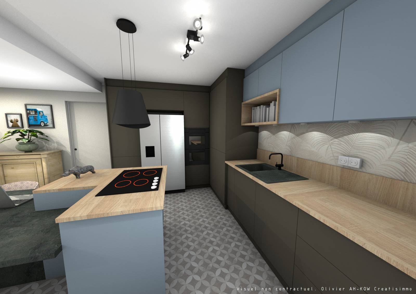 Cuisine ouverte sur séjour avec îlot central Lyon 8ème - Cuisiniste Studio Creatis Caluire