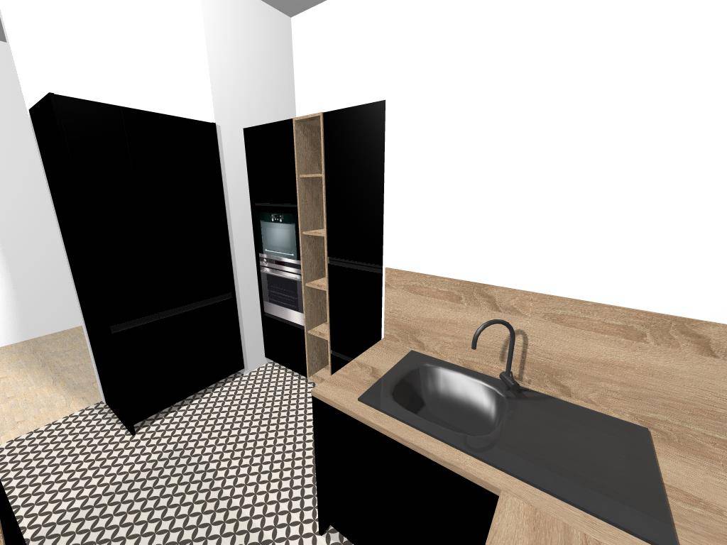 Cuisine sur mesure moderne noir mat et bois chêne avec îlot central - rénovation appartement Lyon Montplaisir - cuisiniste Caluire Studio Creatis