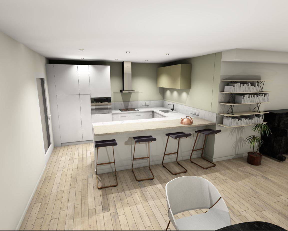 Cuisine en angle sur mesure avec bar intégré dans appartement Lyon 5 - Studio Creatis cuisiniste Caluire