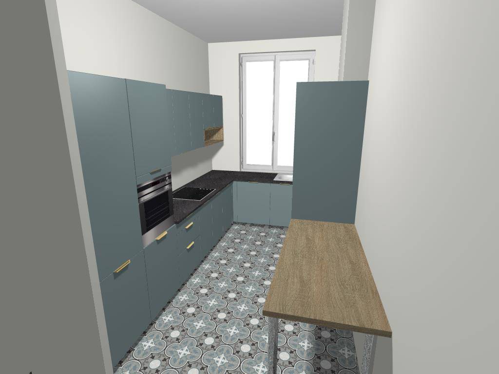 Cuisine sur mesure colorée vert Fjord et chêne clair avec plan de travail effet pierre - Lyon 6 - Studio Creatis cuisiniste