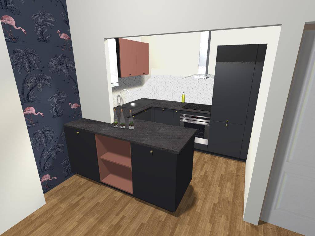Cuisine d'angle sur mesure gris anthracite et terracotta avec plan de travail Mune Brown - Studio Creatis cuisiniste Lyon 7ème