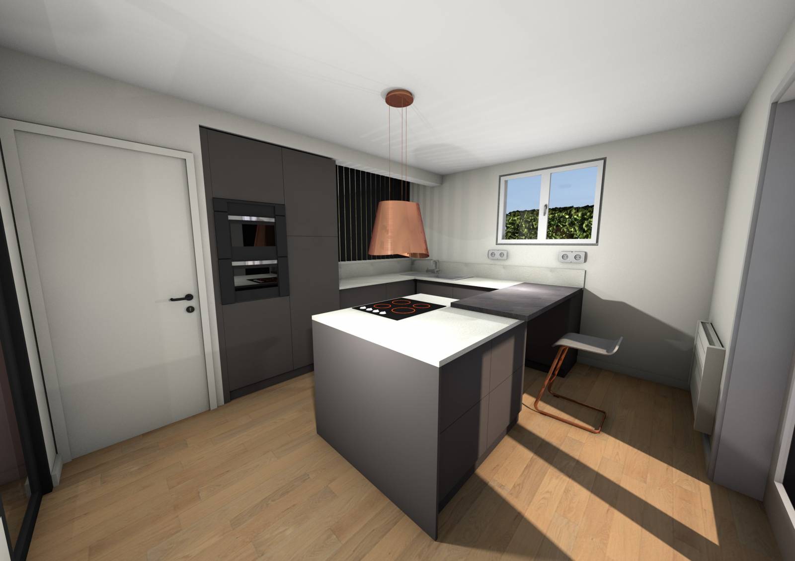 Cuisine haut de gamme avec verrière sur mesure et îlot central - Studio Creatis cuisiniste Lyon Caluire