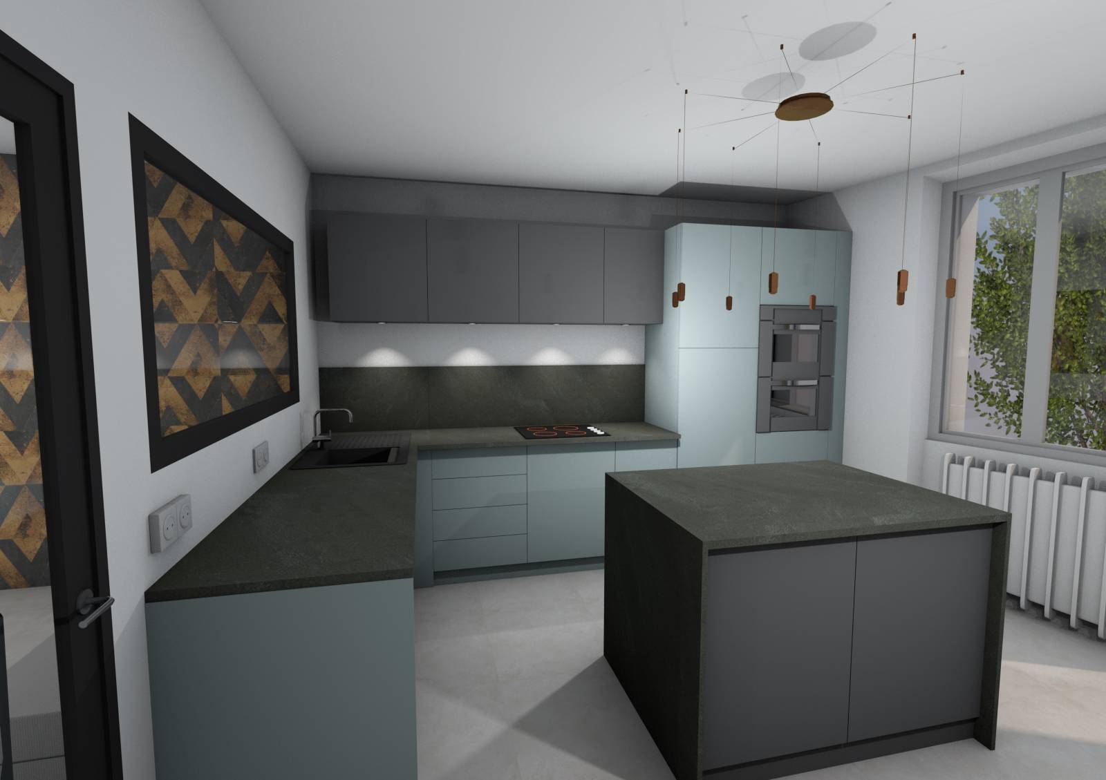 Projet de rénovation cuisine sur mesure Saint Jean Le Vieux - Studio Creatis cuisiniste Lyon Caluire - Aménagement angle droit avec îlot central