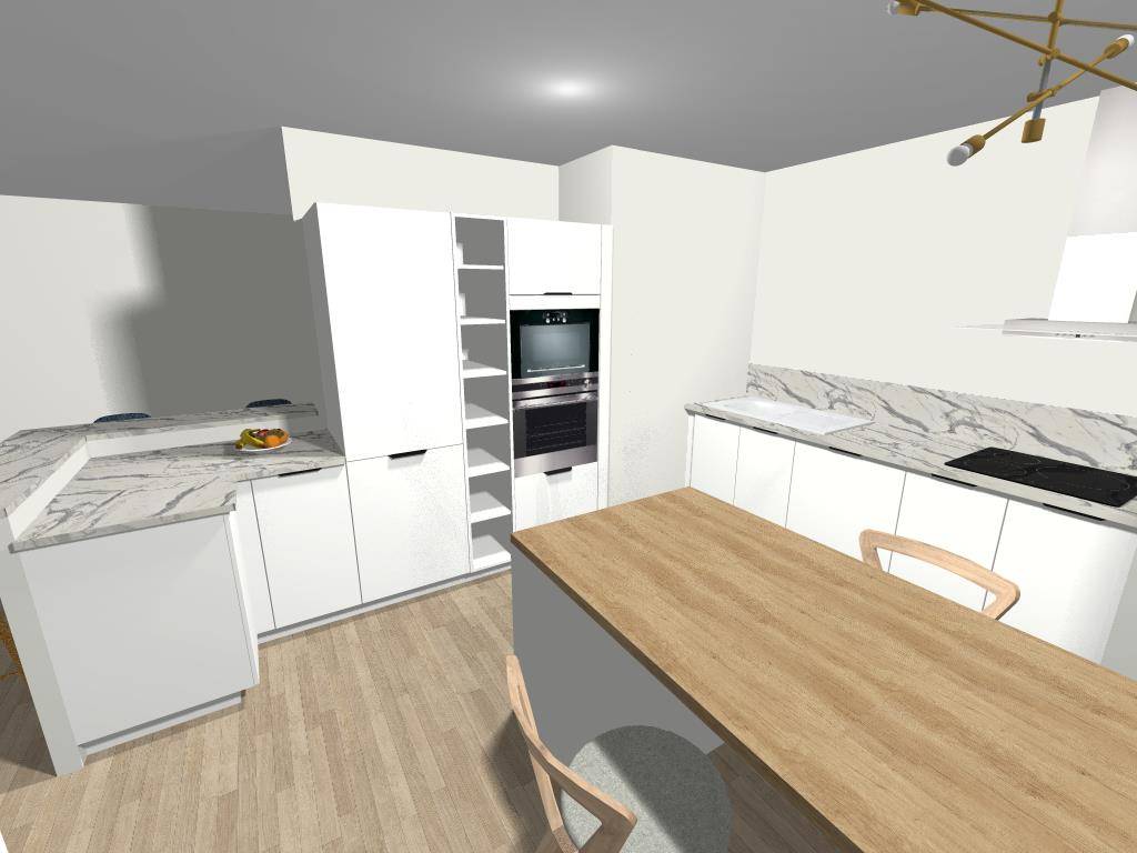 Cuisine haut de gamme sur mesure rénovée Lyon 5ème - Studio Creatis cuisiniste Caluire - Plan travail marbre blanc poignées noires îlot chêne