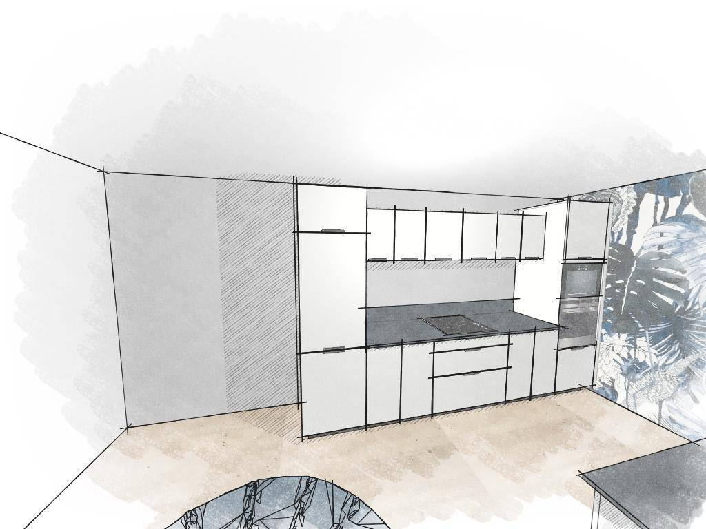 Cuisine sur-mesure moderne dans appartement locatif Lyon 3 - façades blanches et plan de travail basalte par Studio Creatis Caluire