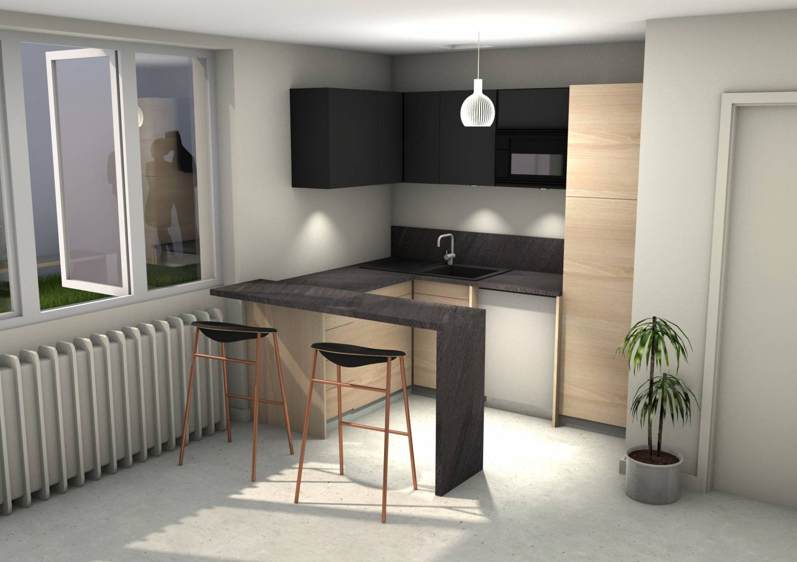 Cuisine sur mesure cabinet médical Lyon 6 - évier d'angle et plan bar - cuisiniste Caluire Studio Creatis