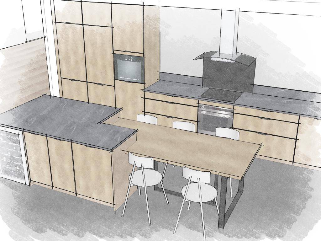 Cuisine équipée sur mesure bois et blanc - installation cuisiniste Caluire-et-Cuire