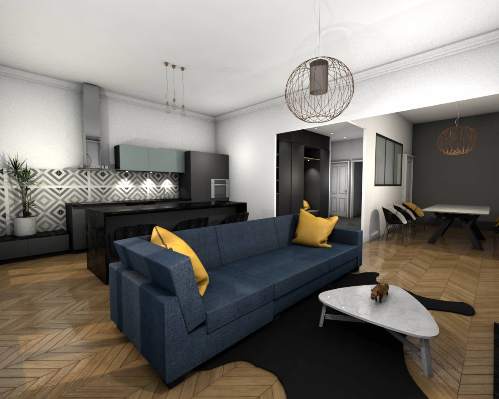 Cuisine haut de gamme avec îlot central dans appartement haussmannien Croix Rousse Lyon 4 - StudioCreatis cuisiniste Caluire