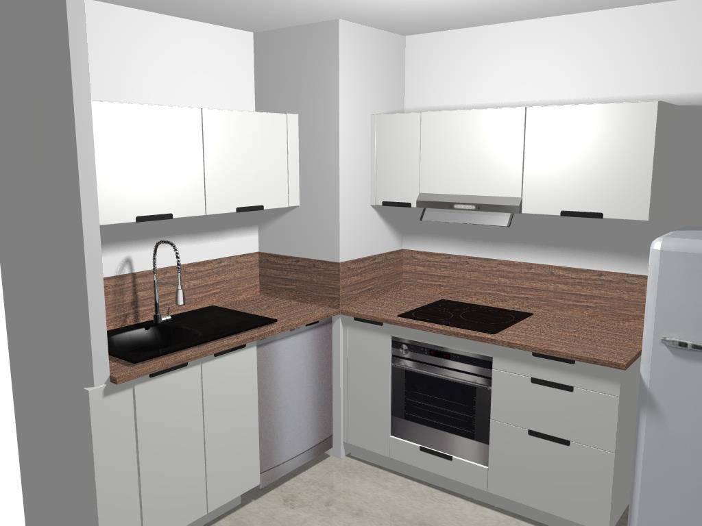 Cuisine sur mesure investissement locatif Lyon 7 - façades mélaminé blanc poignées noires plan travail stratifié noyer - StudioCreatis cuisiniste Caluire