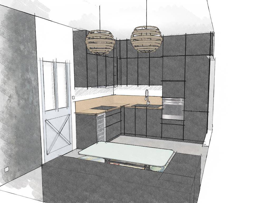 Cuisine moderne rapport qualité-prix Lyon - façades blanches plan travail bois Studio Creatis