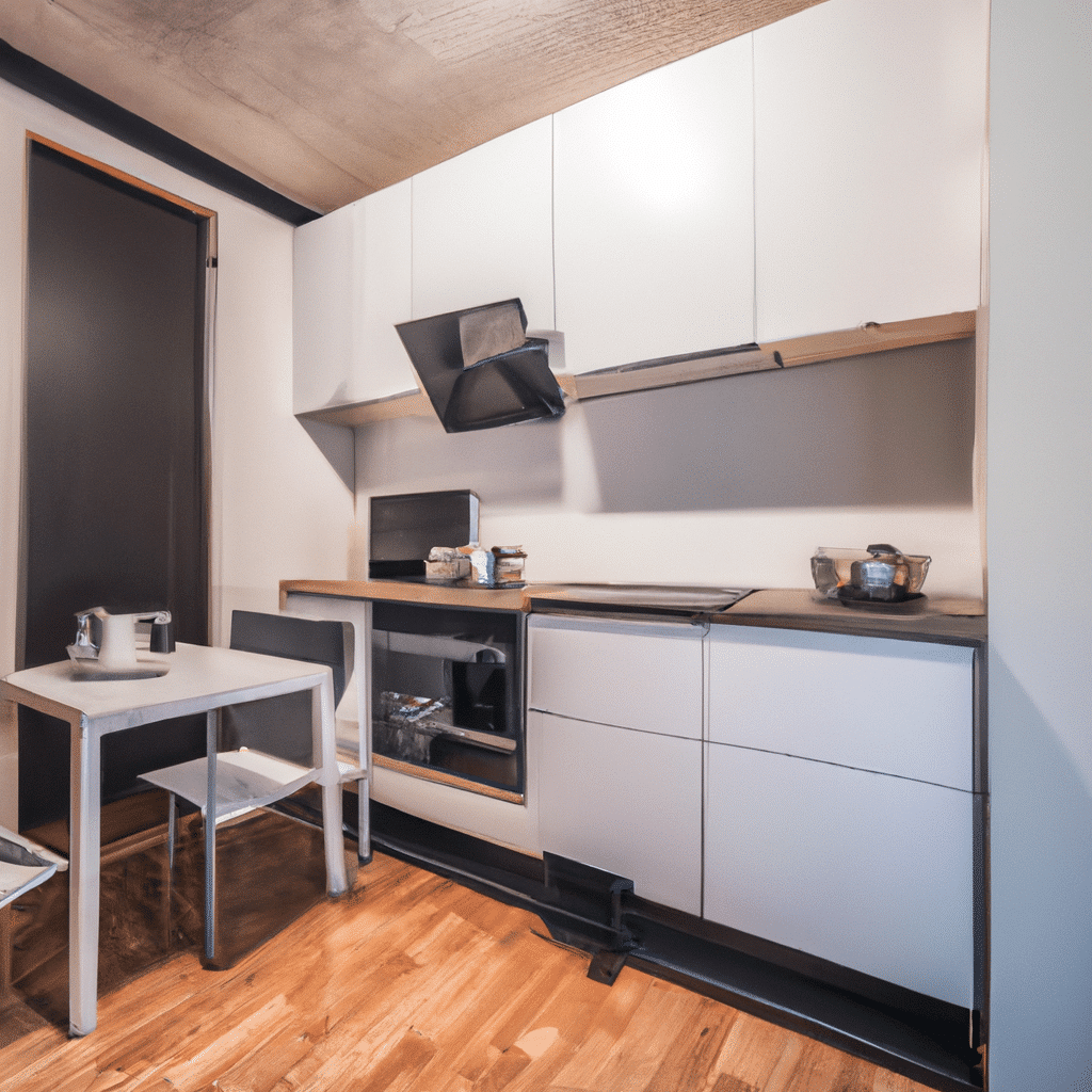 Cuisine équipée compacte pour studio à Lyon - aménagement optimisé avec meubles blancs modulables et électroménager encastré par cuisiniste Caluire