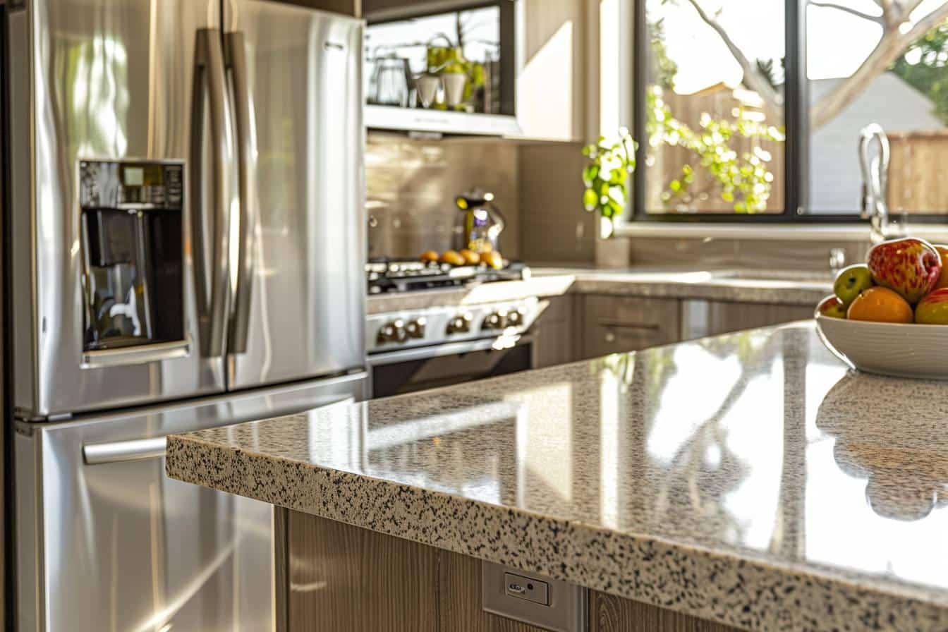 Nettoyage facile d'une cuisine équipée moderne avec hotte aspirante et meubles hauts - Conseils d'entretien par cuisiniste Caluire Lyon