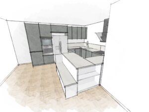 Conception 3D cuisine moderne vert sauge Lyon 3 - Cuisiniste sur mesure près Lyon Studio Creatis